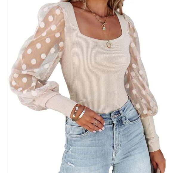 On Twelfth · Large · Ribbed Polka Dot Top · Sheer Sleeves · Square Neck · Cream - Picture 1 of 9